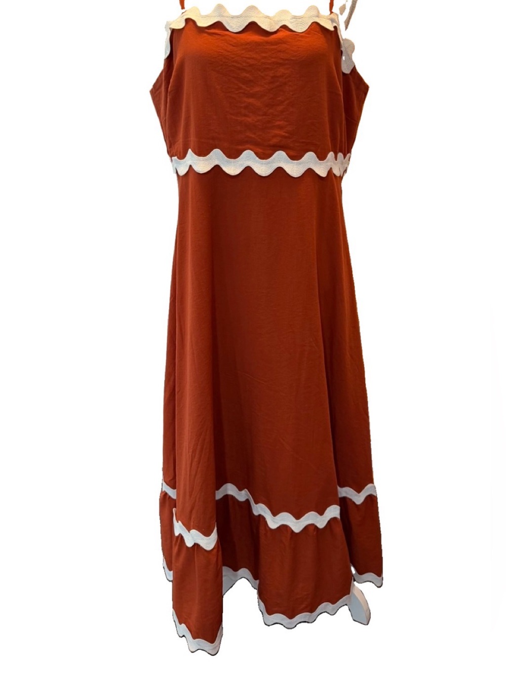Sleeveless Rust Maxi Dress with White Scalloped Trim